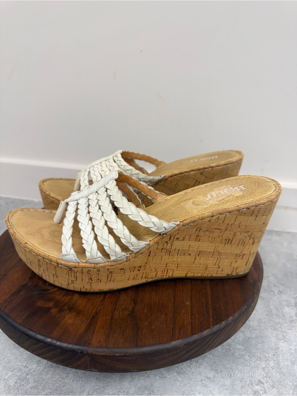 Born White Braided Leather Cork Platform Wedge Sandals Size 10